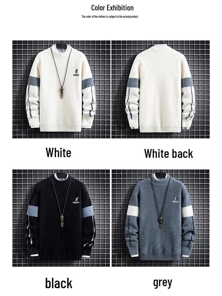 Men's College Style Fleece-Lined Knitted Sweater: Warm and Thick for Autumn/Winter