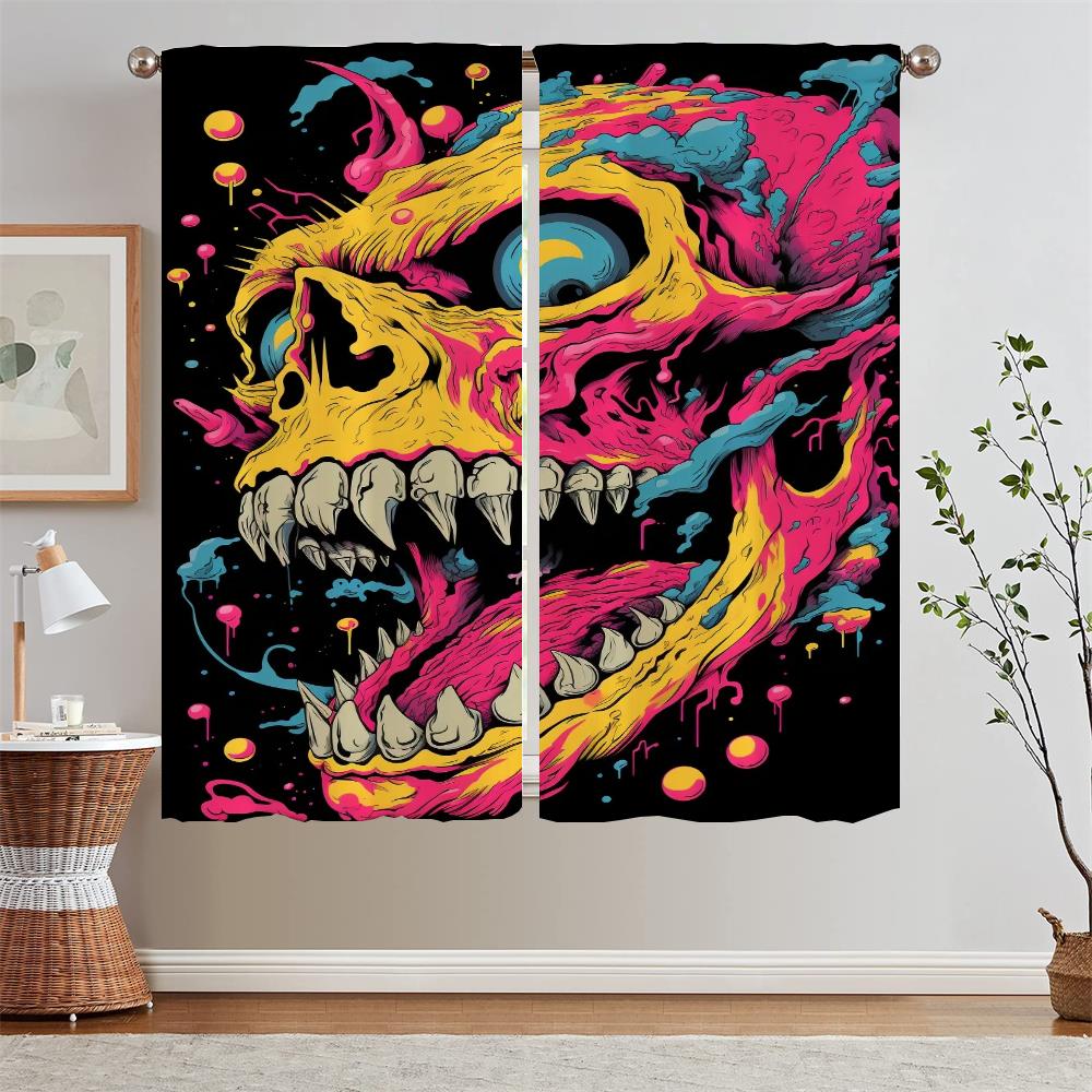 Cartoon Skull Illustration Kitchen Curtain Tiebacks Bedroom Curtains 2 Pieces Black Out Curtains for Living Room Tentacles Blind