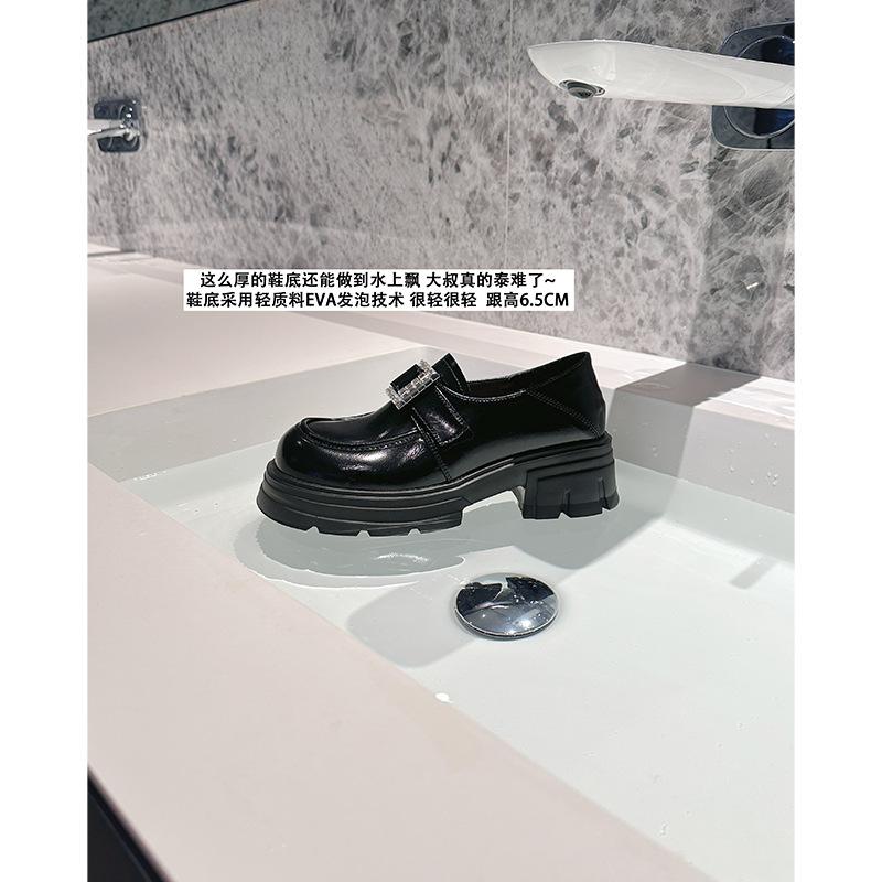 [Sheepskin version] Korean version of high school students JK platform loafers for women's 2025 spring new rhinestone square buckle small leather sho