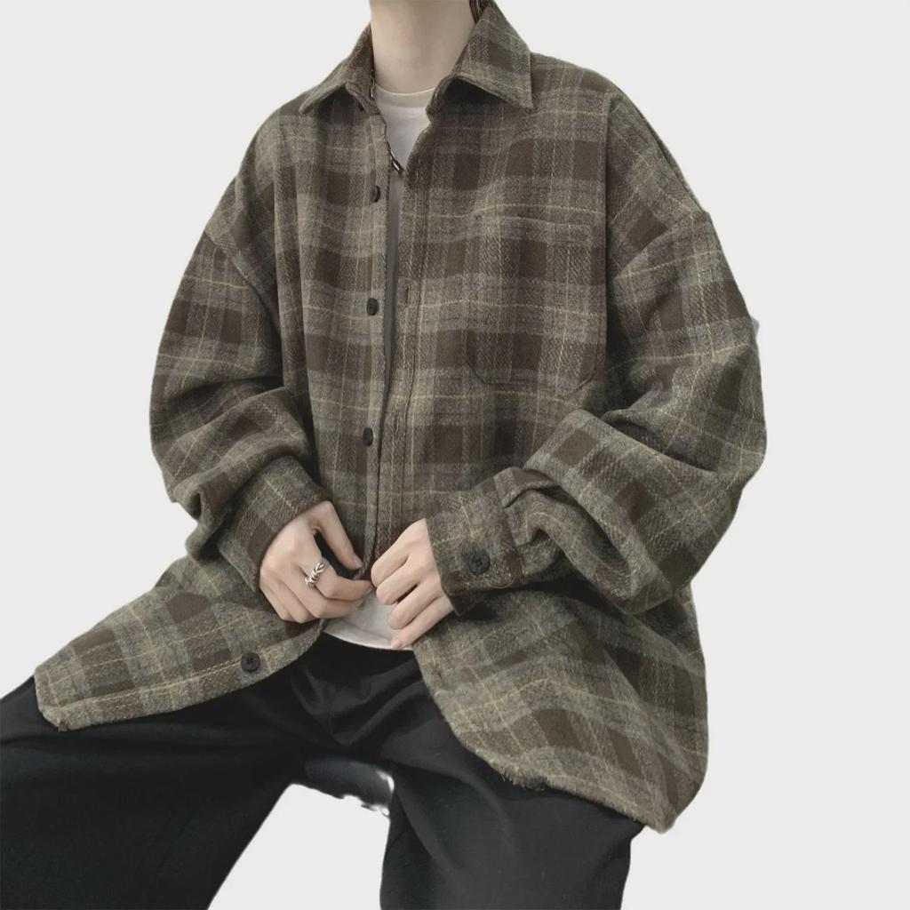 Men's Long-Sleeve Plaid Jacket - 2023 Spring/Autumn Hong Kong Style, Japanese-Inspired Workwear Shirt
