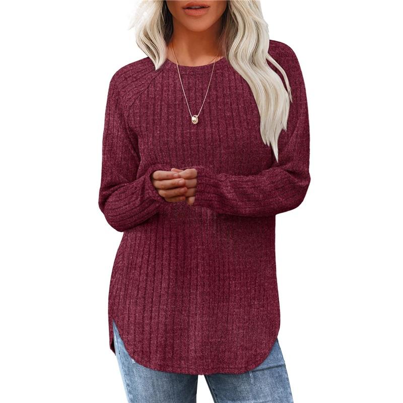 Autumn Women's Loose Fit Round Neck High Low Hem Long Sleeve Sweater Stylish Casual Top For Women Fashionable Fall Apparel
