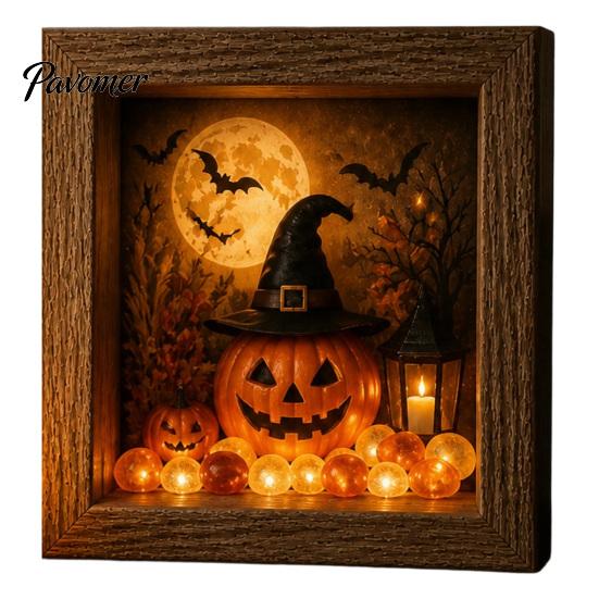 Handmade Halloween Room Decorations DIY Shadow Box Night Light Kit, 8.5 Inch Wooden Frame LED Craft Set with Fall Home Decor Projects Luminous Stones