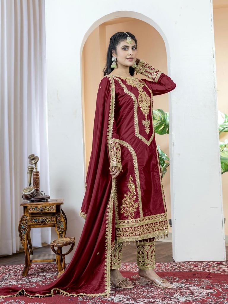 Party Wear Women Designer Salwar Kameez Indian Bollywood Heavy Chinon Silk Salwar Suit Dress