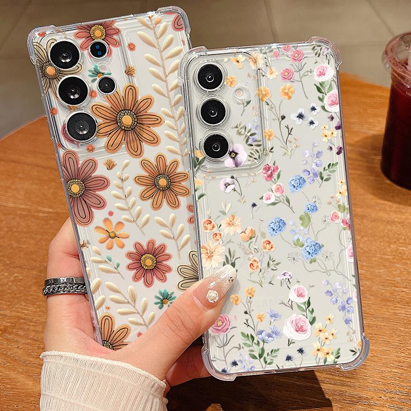 Cartoon Flowers Pattern Phone Case For Samsung Galaxy S26 S25 S24 S23 Ultra S22 Plus S21 S24 S25 FE Clear Shockproof Soft Cover