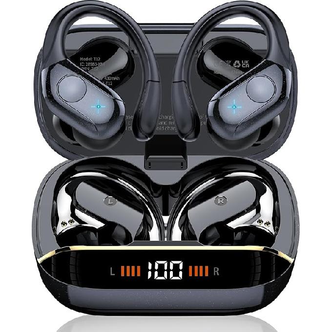 Wireless Earbuds Bluetooth 5.4 Headphones Sports, 75H Stereo Deep Bass Over Ear Buds with Earhooks, Bluetooth Earbuds with 4 ENC Mic, LED Display,