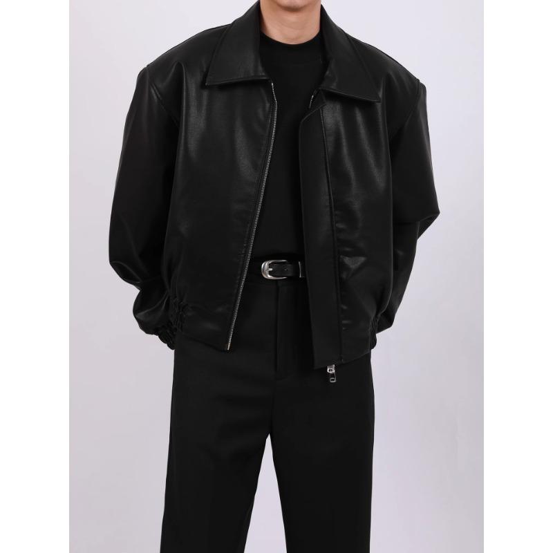Men Loose Casual Short Pu Leather Turn Down Collar Street Fashion Jacket
