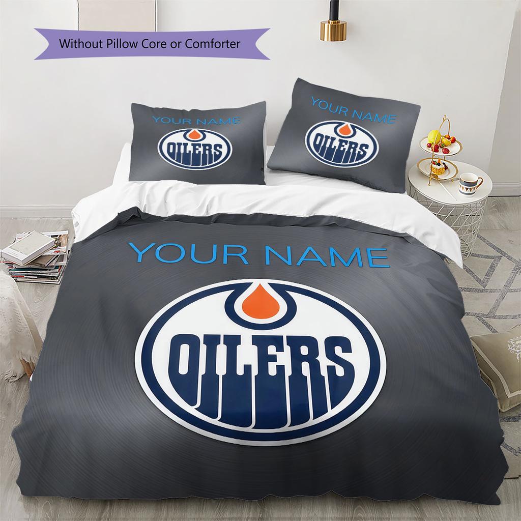 Custom Name,Edmonton Oilers Pattern Bedding Home Decoration Birthday Gift ( 1 Duvet Cover + 2 Pillowcase, Without Core),fan Merchandise.