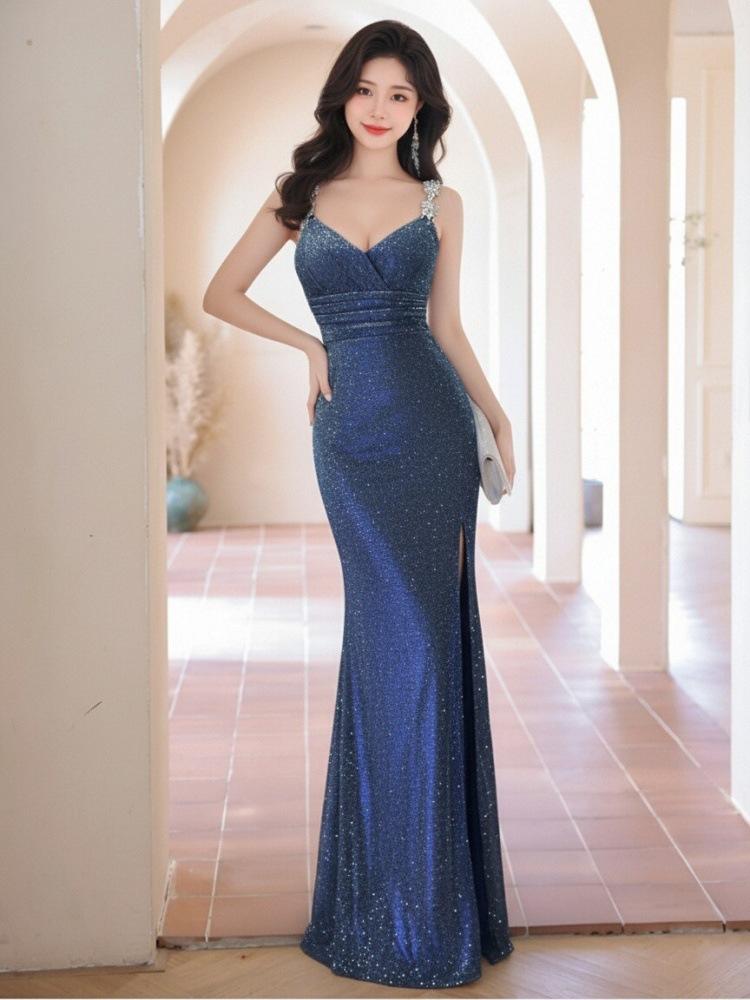 Split Evening Dress Slim-fitting Sexy Temperament Long Dress Party Backless Low-cut Hip-wrapped Dress New Suspender Long Dress