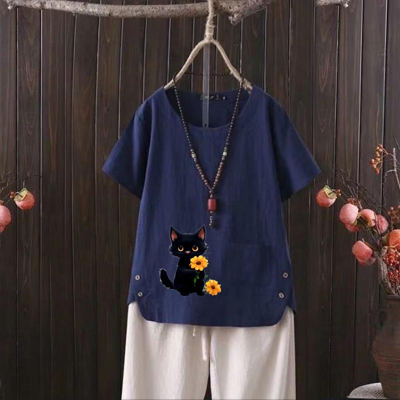 

Женская мода с принтом черного кота, летняя повседневная свободная футболка с коротким рукавом, летняя блузка, топы 4XL темно-синий