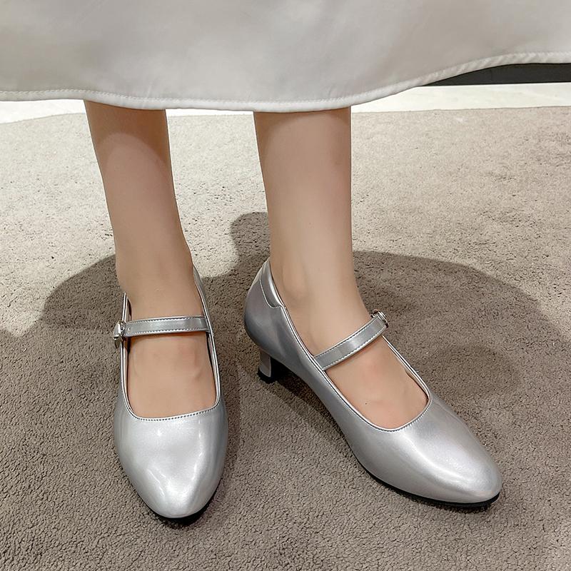 Fashion Women's Autumn New Pointed Toe Shallow Heel Mary Jane Single Shoes Metal Buckle One Strap Non-Slip Low Top Shoes