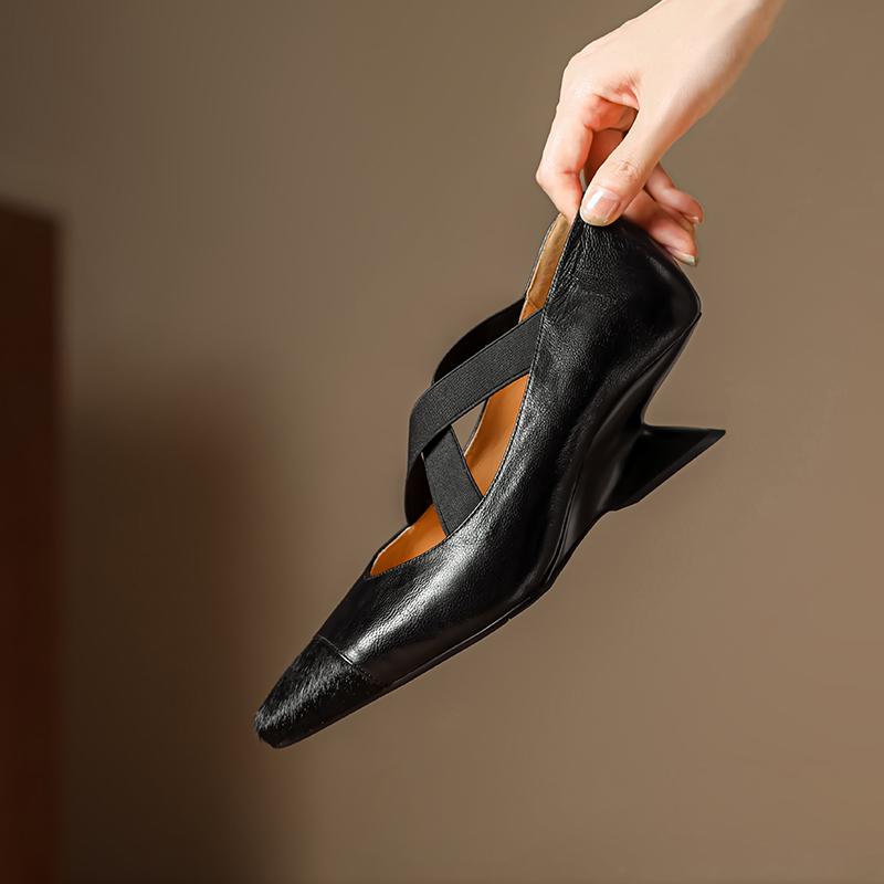 New Spring Summer Genuine Leather Women Shoes Square Toe Shallow Women Pumps Mary Jane Shoes for Women Horsehair Ladies Shoes