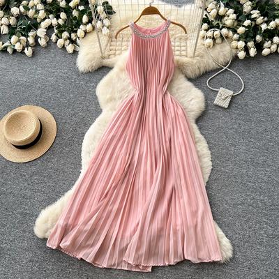 Elegant Beaded Studded Halter Strapless A-line Loose Dress for Women Sweet Pink Sleeveless Lace-up Pleated Dress Holiday Summer Dress