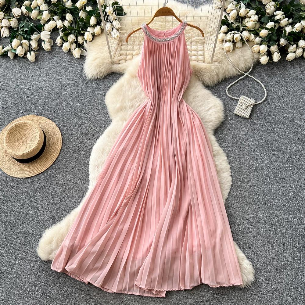 Elegant Beaded Studded Halter Strapless A-line Loose Dress for Women Sweet Pink Sleeveless Lace-up Pleated Dress Holiday Summer Dress
