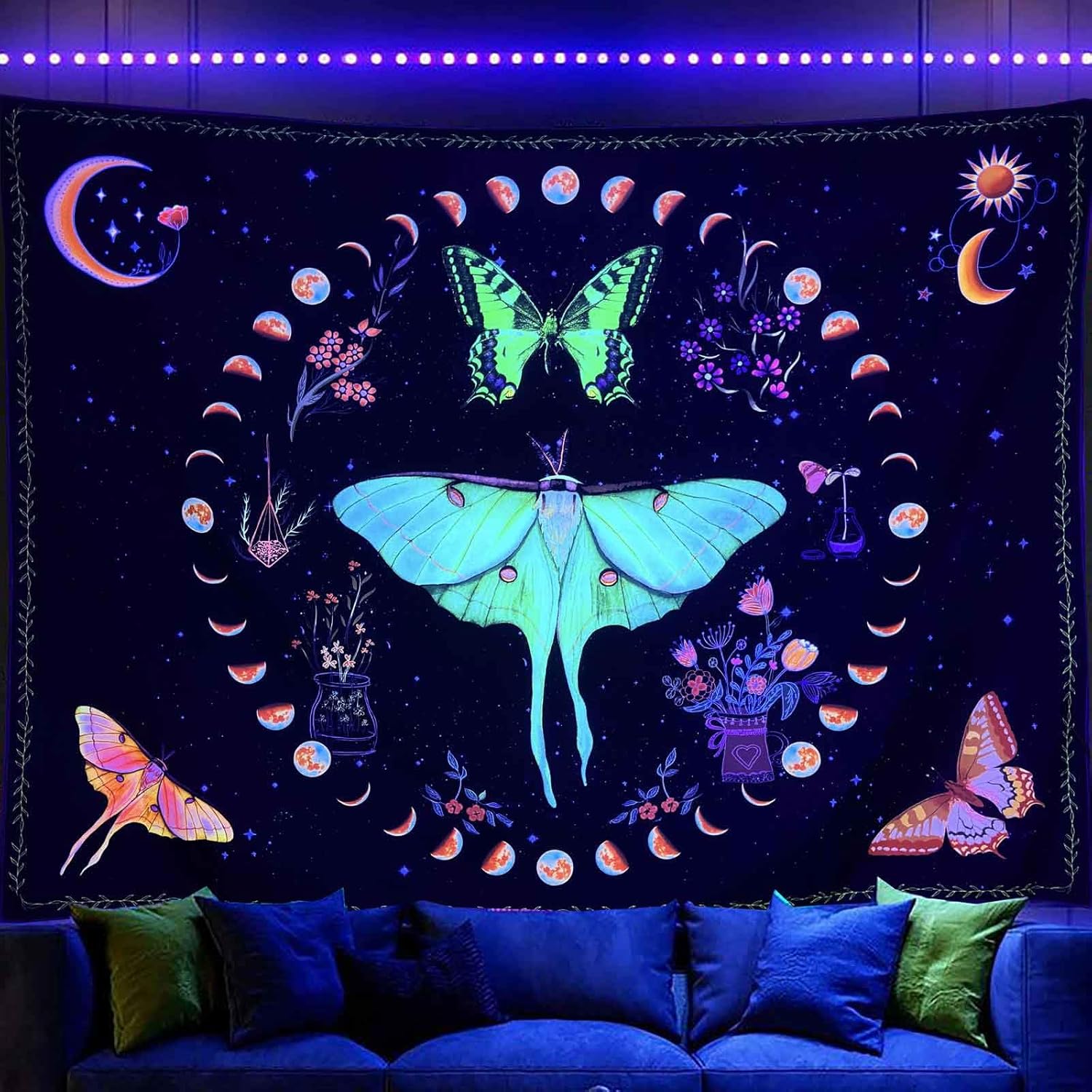 Algasan Blacklight Moth Moon Phase Tapestry Boho Butterfly Moon Wall Tapestry UV Reactive Botanical Plants Sun Floral Aesthetic Tapestries for