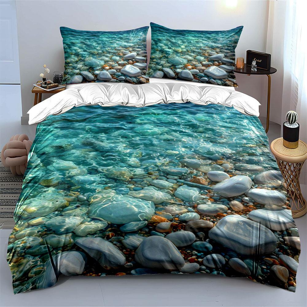 "Ocean-Themed Decorative Set Stones" Multiple Sizes Kid's and Adults' Bedroom Exquisite 3PC Bedding Set Gift