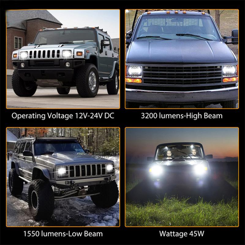 7 Inch Square-Shaped Headlight 45W With Aperture And Angel Eyes Dual Color For Off-road Trucks Near Far Vision Headlights