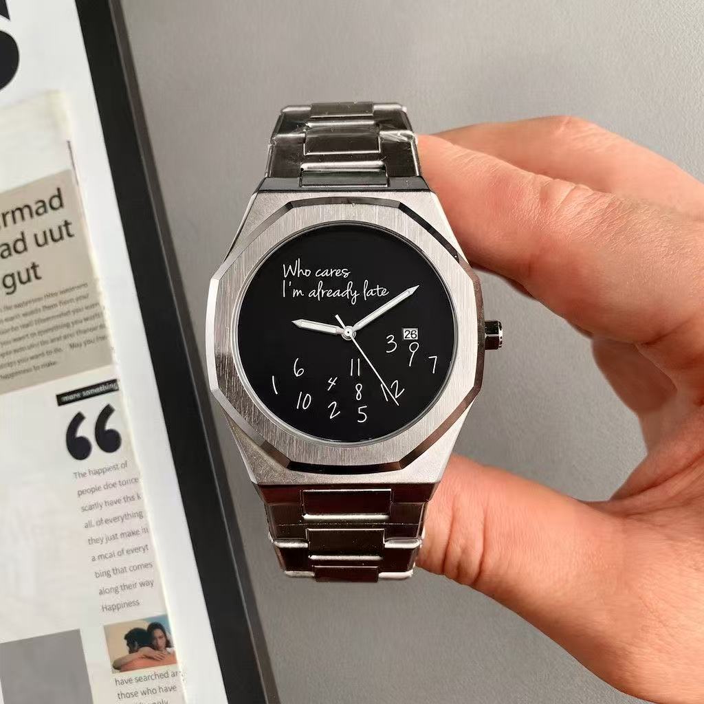 Minimalist Aesthetic Octagonal Watch Creative And Humorous "Who Cares If I'm Already Late" Printed Dial Casual Daily Watch
