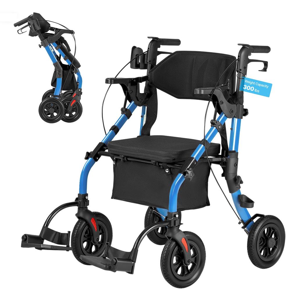 VEVOR 2-in-1 Rollator Walker & Transport Chair for Seniors, Foldable Rolling Walker Wheelchair