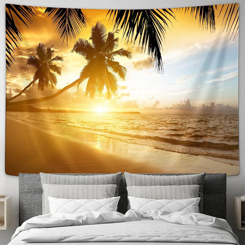 Beach Sunrise Mural Hanging Cloth  Tropical Style Decorative Hanging Painting