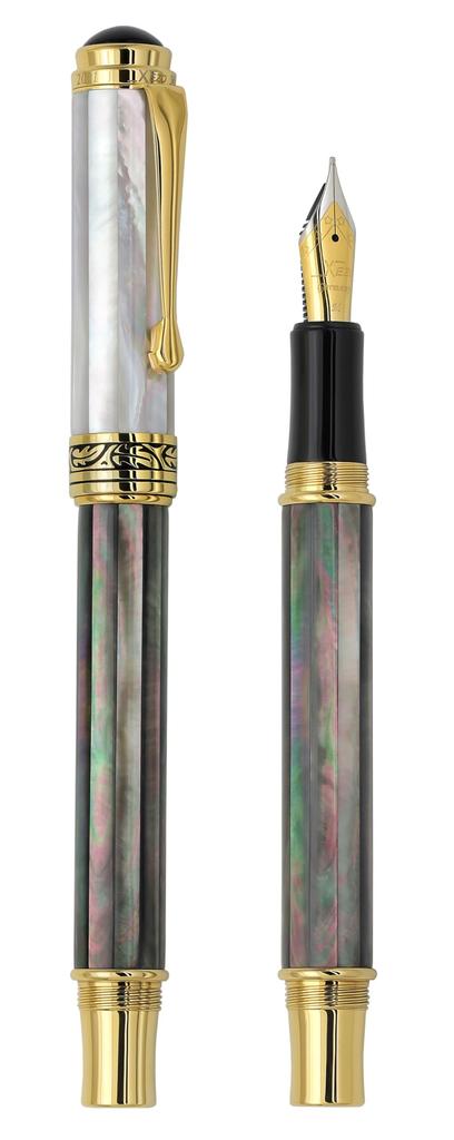 Xezo Maestro Fountain Medium Marine Tahitian Black White 18kt No Two Pens Are Pen, Nib, Iridescent, Origin, & Mother-of-Pearl, Gold-Plated Fittings.