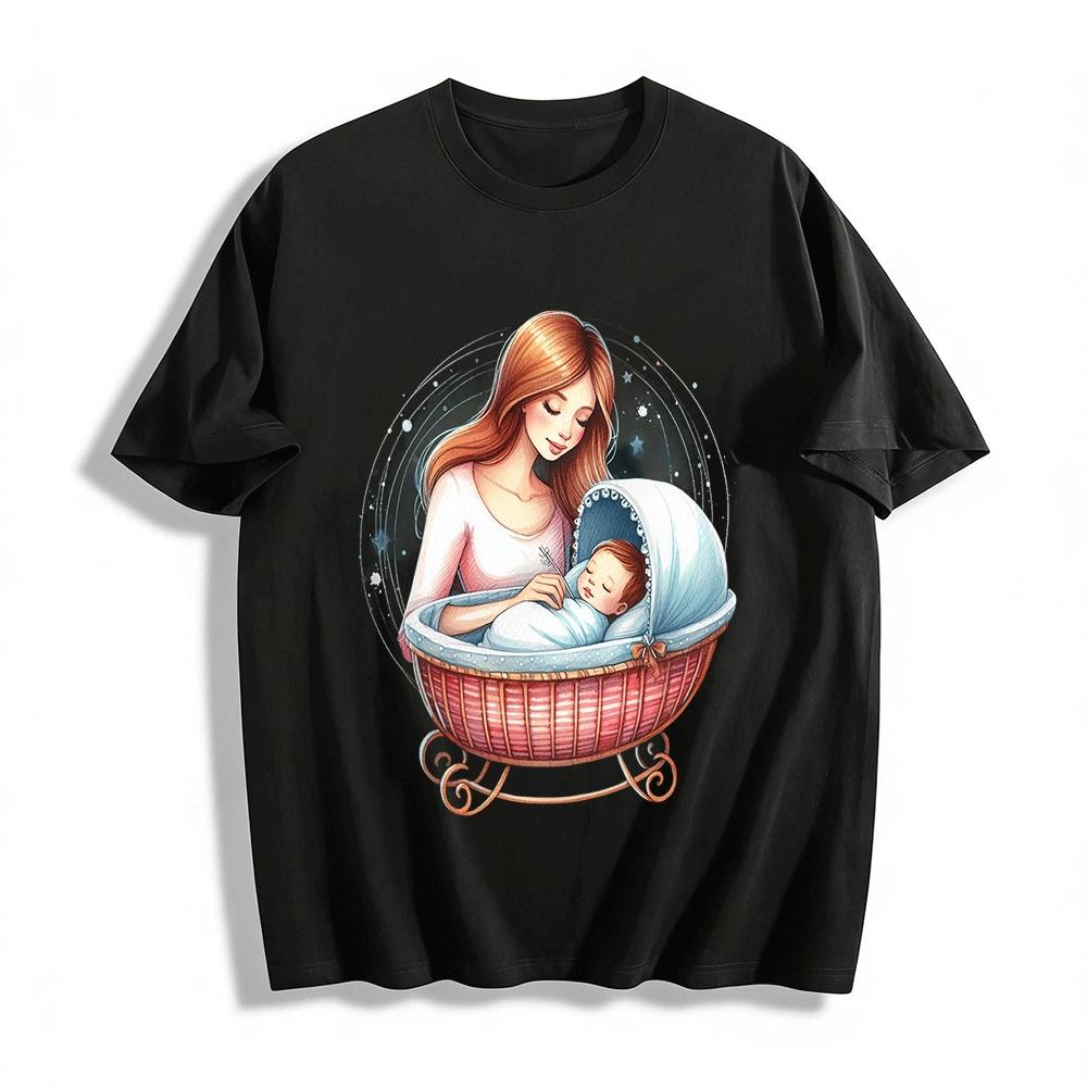 Gentle Love Mother And Baby Crib Print Casual Top Pure cotton T-shirt XXS