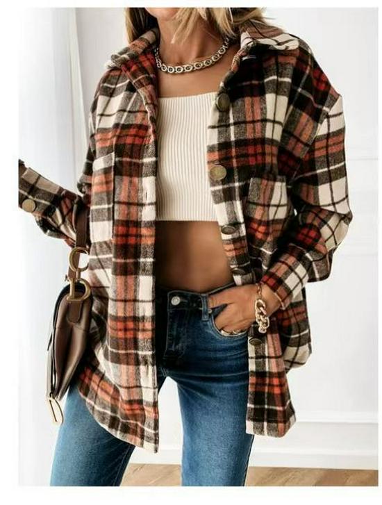 2024 Damen Mehrfarbig Kariert Gebürsteter Wollhemdmantel - Europäischer und Amerikanischer Modestil