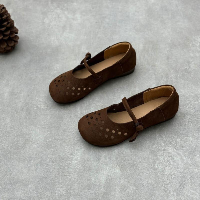 Johnature Handmade Genuine Leather Hollowed Out Women's Flat Shoes Retro Round Toe Soft Cowhide Sandals