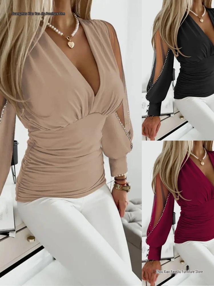 Autumn V-Neck Long Sleeve Women's Fashion Solid Color Blouse