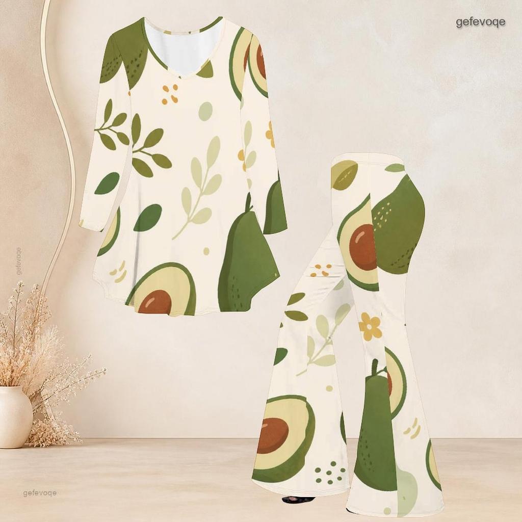 Women Plus Size Round Neck Three Quarter Sleeve Printed Flared Top Flared Pants Two Piece Set