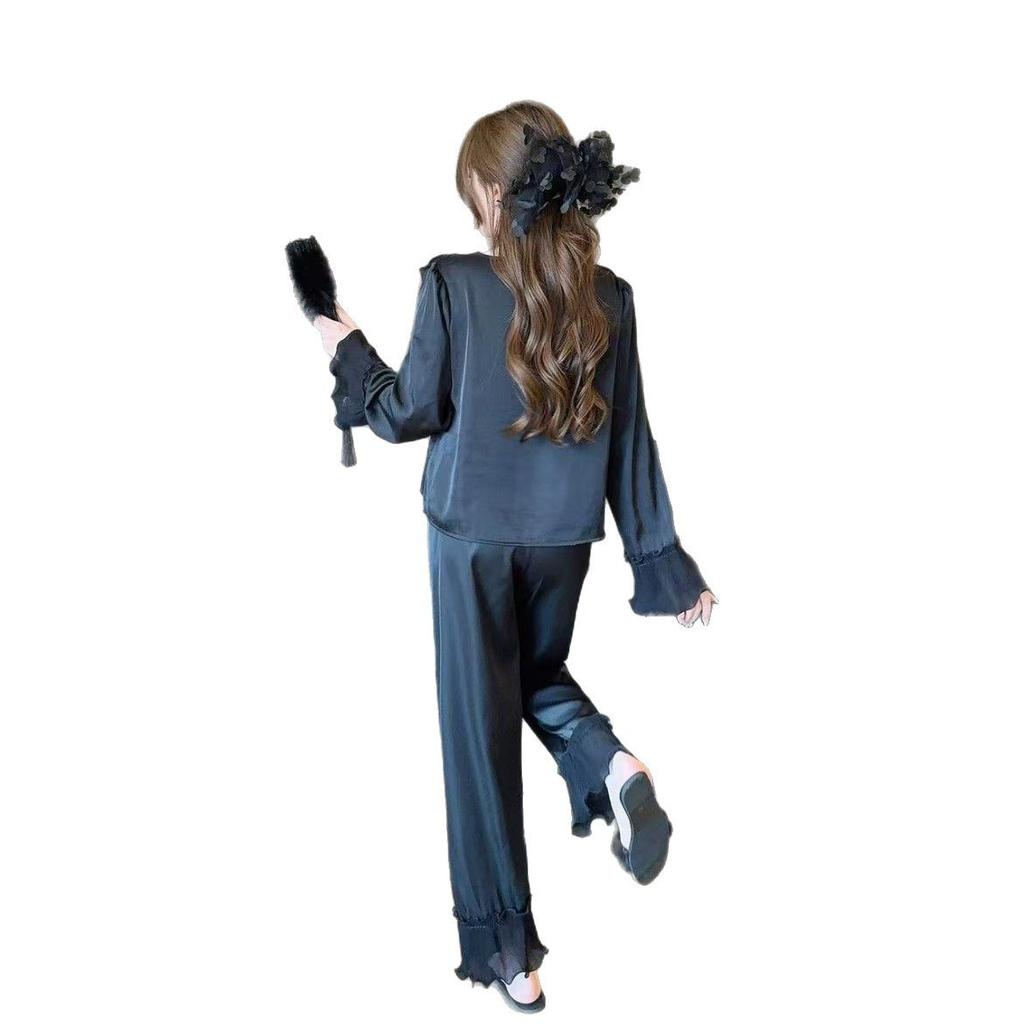 1011 New Ice Silk Pajamas Women's Long Sleeves Spring and Autumn Sweet Swing Sleeves Lotus Leaf Loungewear