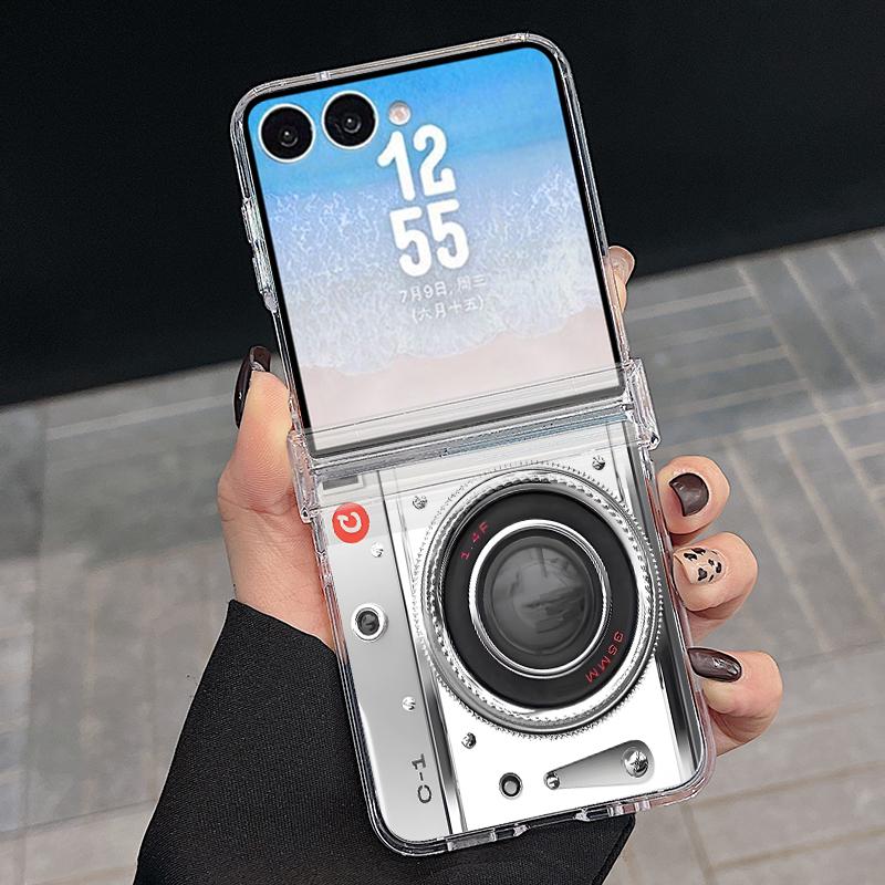 Vintage Camera Pattern Case For Samsung Galaxy Z Flip 8 7 FE 6 5 Z Flip8 Flip7 Flip6 Magnetic Clear Hard PC Folding Phone Cover