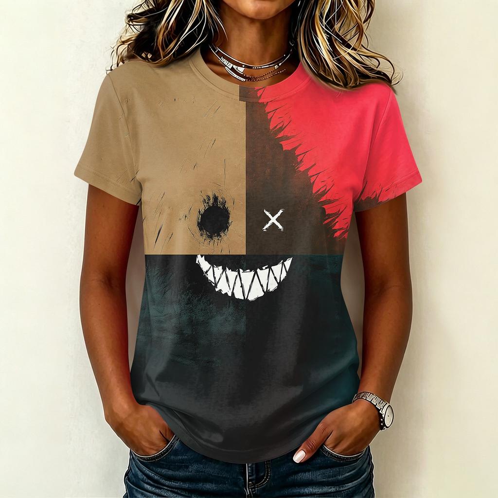 Women's Short Sleeve Round Neck T-Shirt with Halloween Print Pullover Casual Top for Party