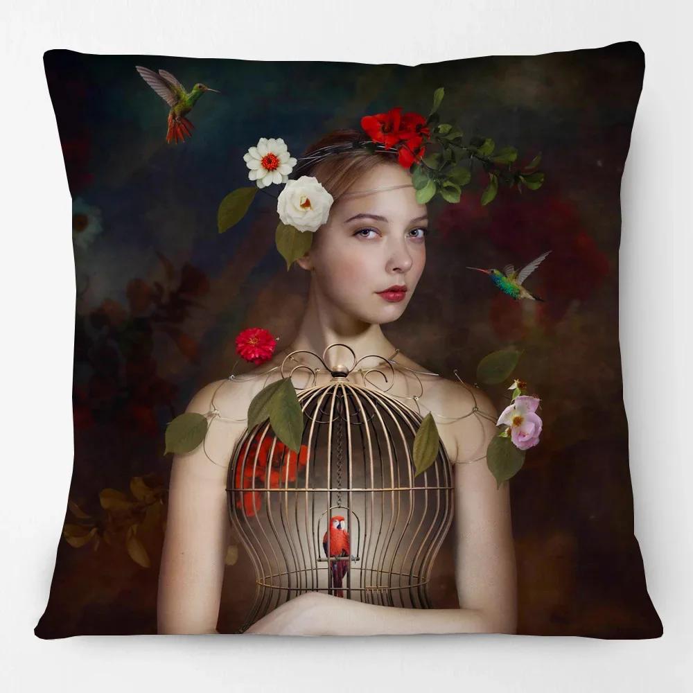 European Nordic Retro Style Cushion Cover Lady Woman Rose Dreams Hug of Flower Bird Princess Mary Print Pillow Case
