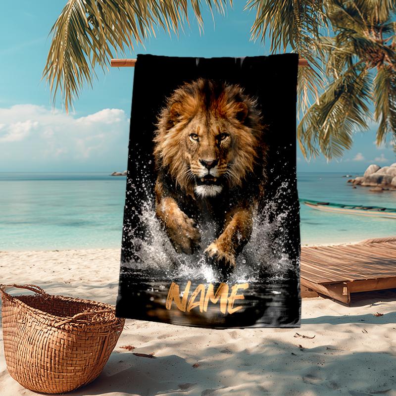 Custom Name Ultra-Soft Beach Towel with Lion Theme,Ideal for Pool - Camping, Diving - Perfect Travel Essential, Vibrant Beach Towel.