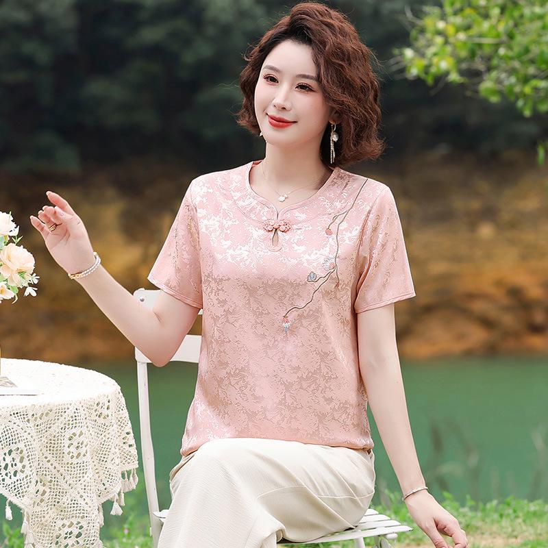 

2025 Summer New Arrival Retro Jacquard Ice Silk T-shirt, Chinese Style, Round Neck, Short Sleeve for Middle-Aged and Elderly. 4XL (130-140 jin) рожевий
