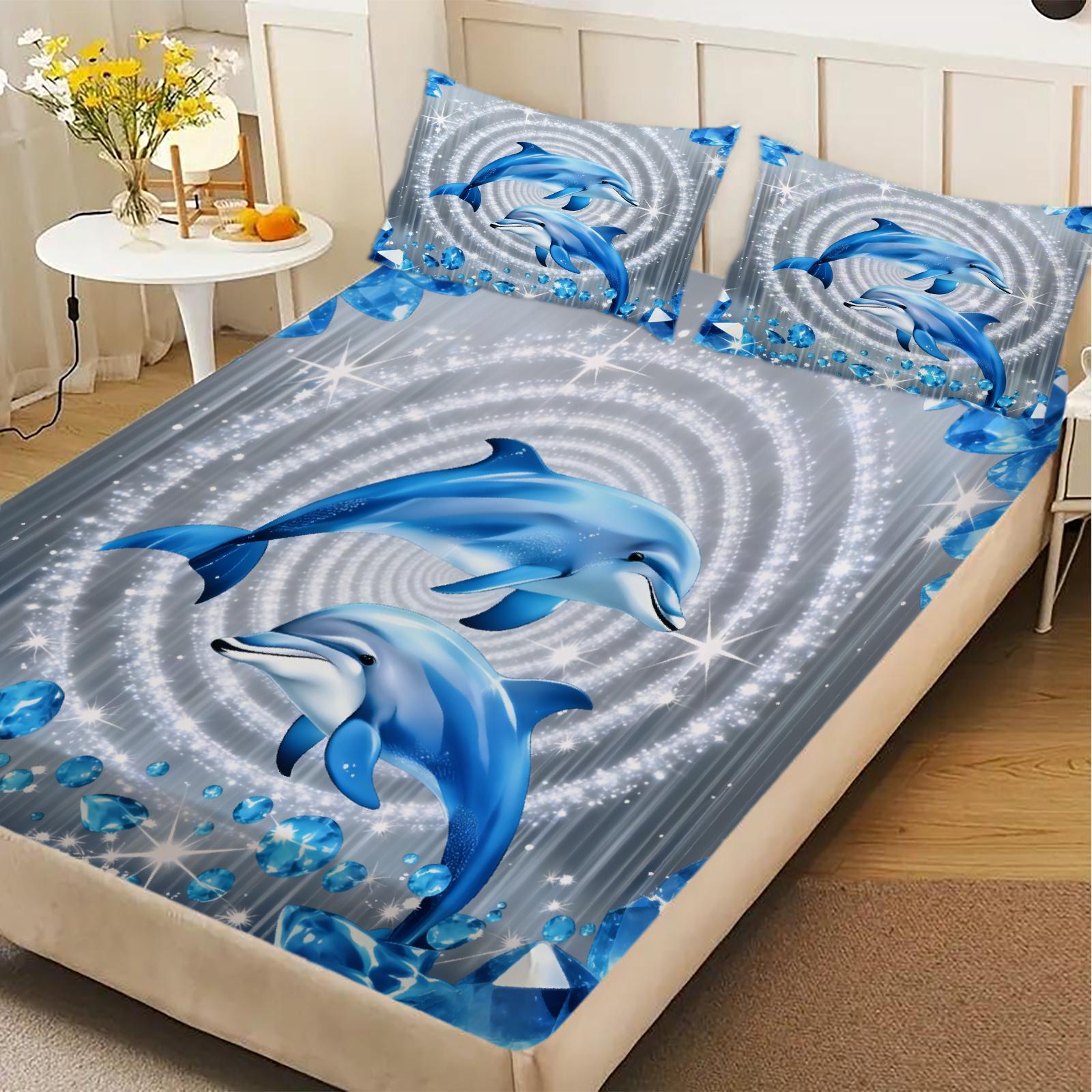 Dolphin 3D Printed Fitted Sheet Set Blue Ocean Dolphin Pattern Bedding With Pillowcases For Bedroom 150x200x25cm