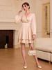 European and American Women's V-Neck Satin Dress - Elegant Spring/Summer Style with Lantern Sleeves and Slim Fit.