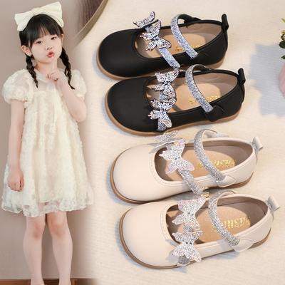 Kids Leather Shoes Round Toes Non-slip Girls Princess Shoes Shiny Butterfly 2025 New Children Dance Performance Shoe Black Matte