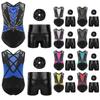 Girls 3 Piece Dance Set Crisscross Back Leotard Round Neck Sleeveless Shiny Rhinestones Metallic Shorts Headwear