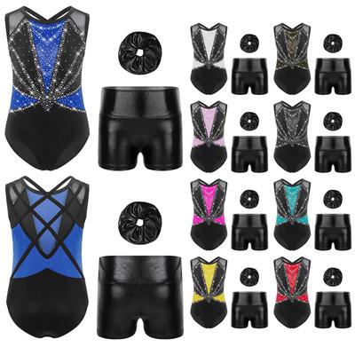 Set Danza 3 Pezzi da Ragazza Body con Schiena Incrociata Girocollo Senza Maniche Strass Lucenti Pantaloncini Metallizzati Copricapo