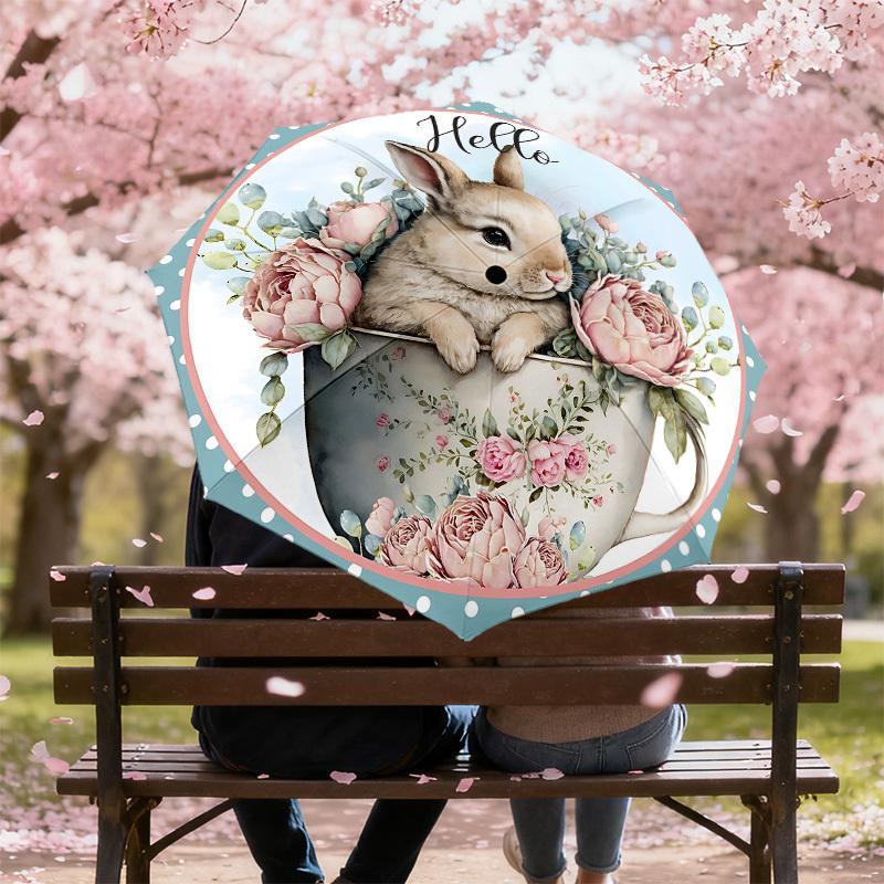 1PC Rabbit Teacup Umbrella-8-Rib Reinforced, Automatic Open, Lightweight & Durable, Cute Fashion Accessory for Outdoor, Beach, or Casual Use, Beach Um