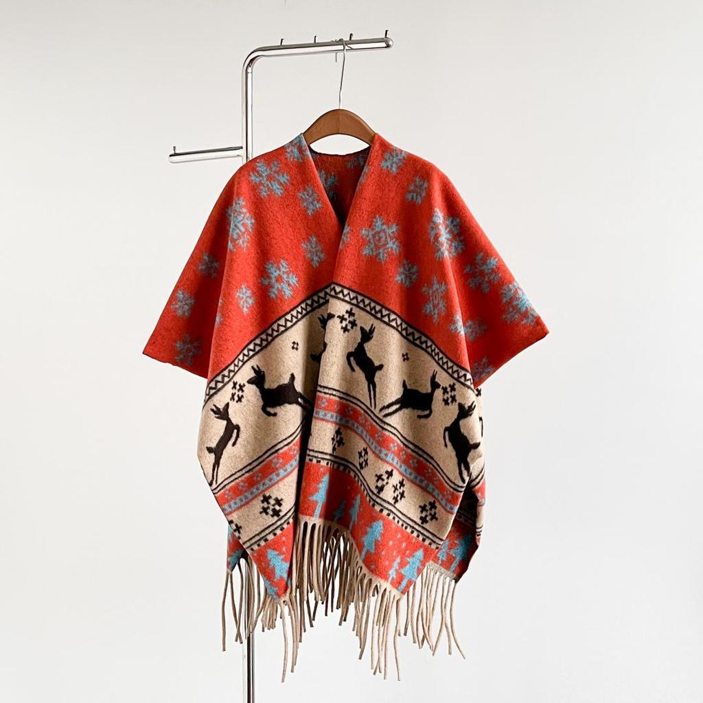 European & American Style Reindeer Snowflake Imitation Cashmere Double-Sided Thick Christmas Shawl for Women