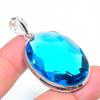 Lab Created London Blue Topaz Pendant 1.9" Silver Tone Oval Cut Gemstone Jewelry
