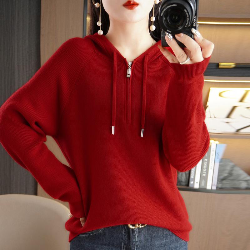 Hooded Solid Color Semi-new Drawstring Sweater Zipper Casual Loose Women's Pullover Andy Velvet Long-sleeved Bottoming Top