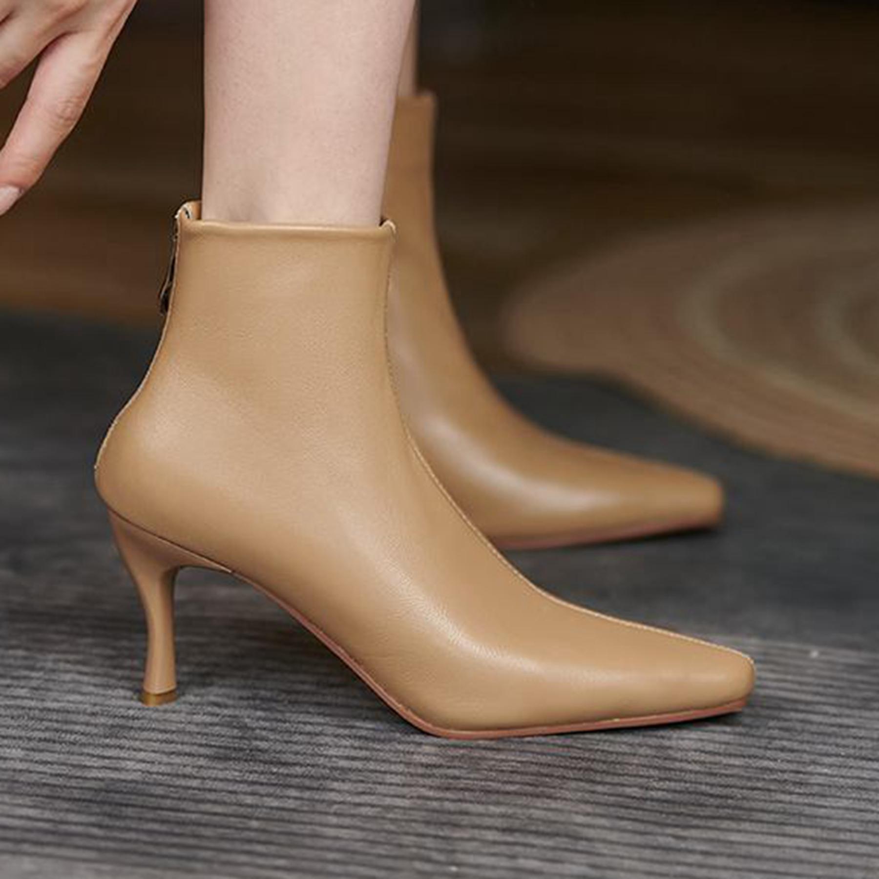 

Туфли Krazing Pot Sheepskin Осень-зима Тонкие высокие каблуки Современные ботинки с квадратным носком Сохраняющие тепло Ботильоны на молнии 39 абрикосовый