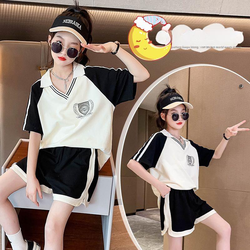 Summer Clothes Set for Children Girls Fashion V Neck T-shirts and Shorts 2pcs Suit Teenage Lapel Top Bottom Outfits Tracksuits