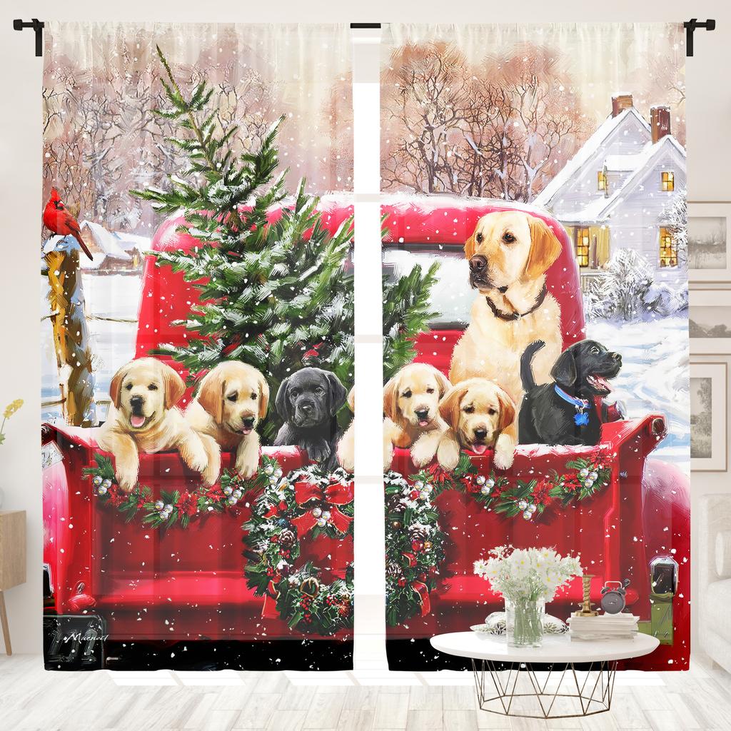 Set Of 2 Christmas Holiday Truck Puppy Curtains Suitable Living Room Bedroom Home Decoration Curtain With Blackout Polyester Perfect For Area