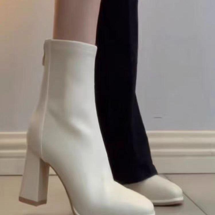 

Women s Beige French High Heel Ankle Boots - Autumn/Winter, Chunky Heel, Square Toe, Fleece Lined, Elastic Skinny Fit, Martin Style. Size 34