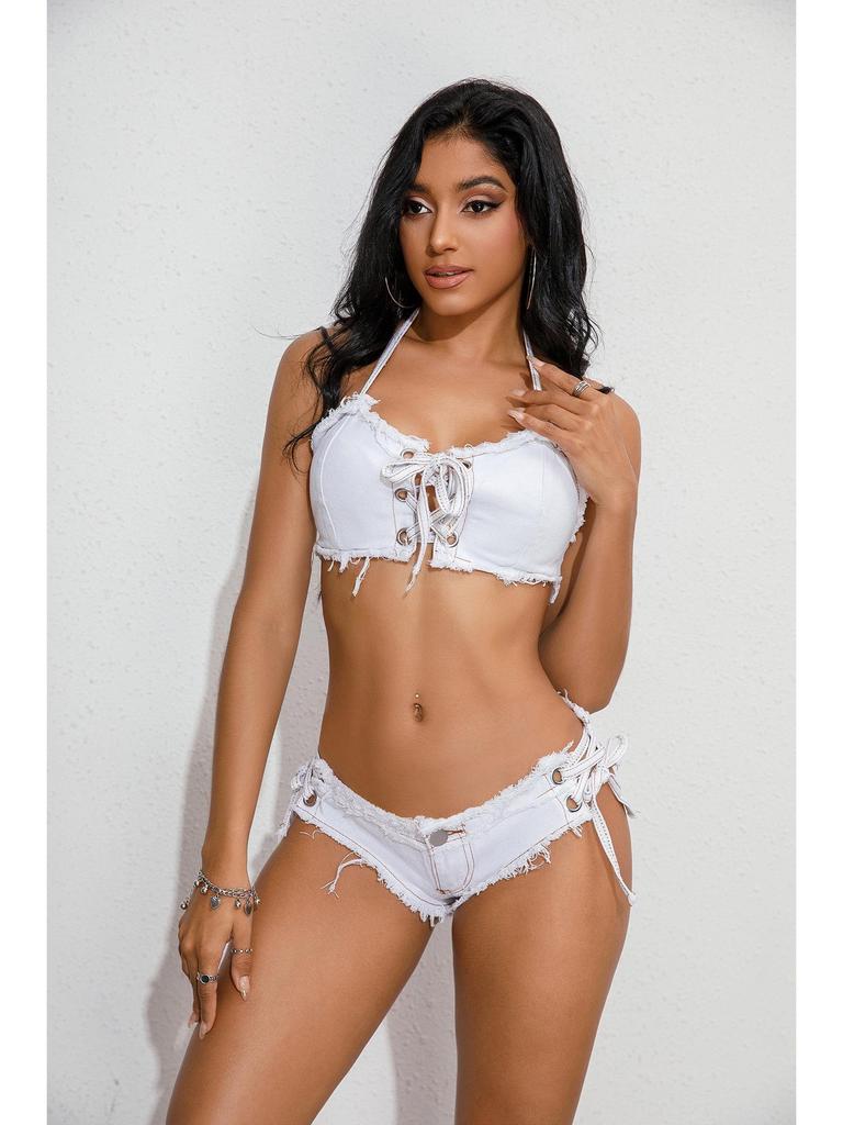 Europäischer & Amerikanischer Sexy Denim Shorts und Split Badeanzug Bikini Set für Strandurlaube