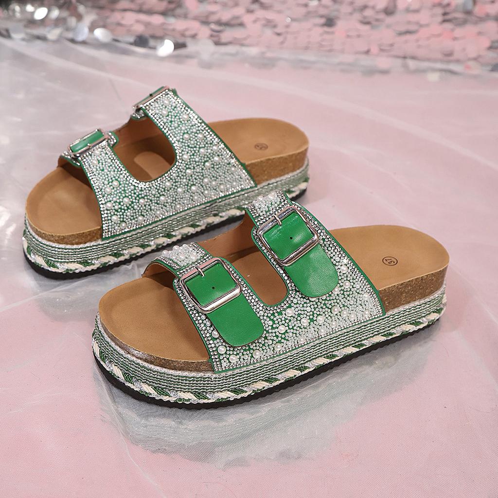 Summer new foreign trade muffin thick-soled double-buckle rhinestone cork beach one-word slippers large-size women's shoes